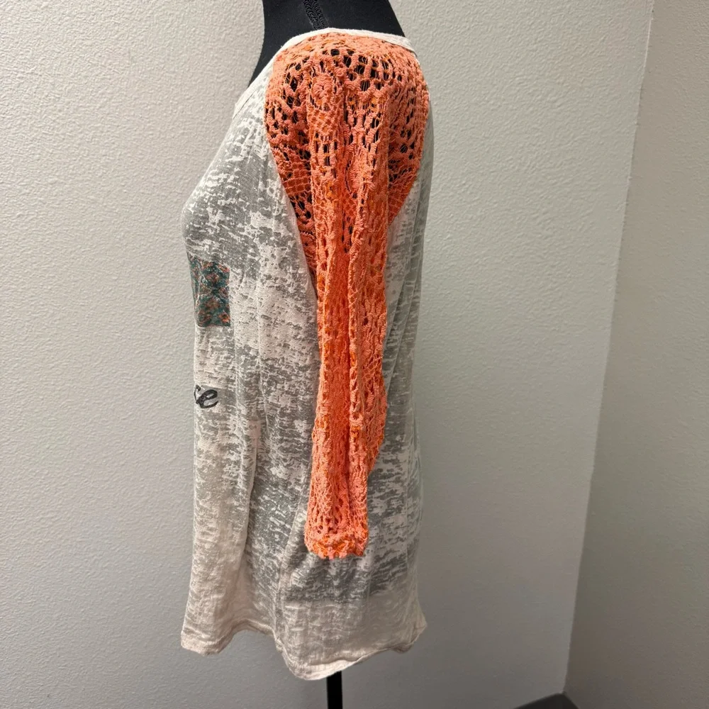 Southern Grace Amazing Grace Cross Burnout Lace Sleeve Boho Top Tan Coral - Picture 4 of 10